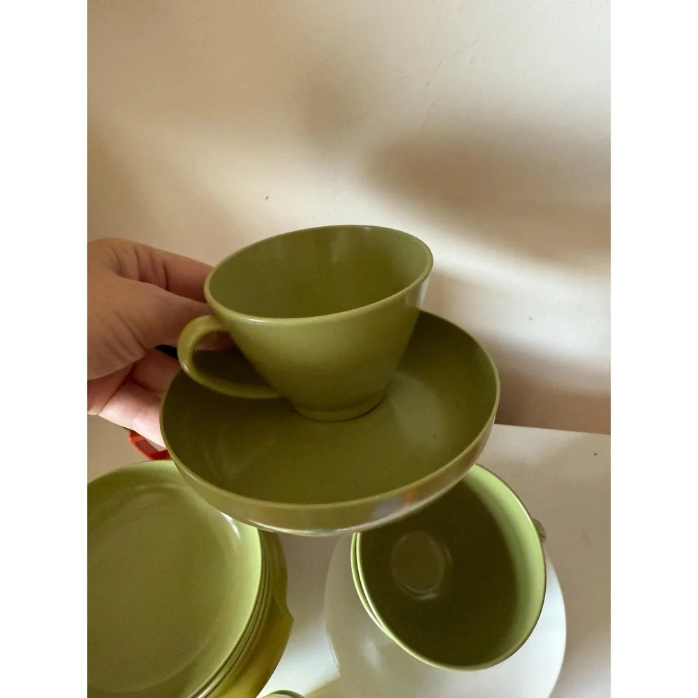 Lot of Vintage Plastic Kitchen Items Cups, Saucers, Tupperware, Salt and Pepper